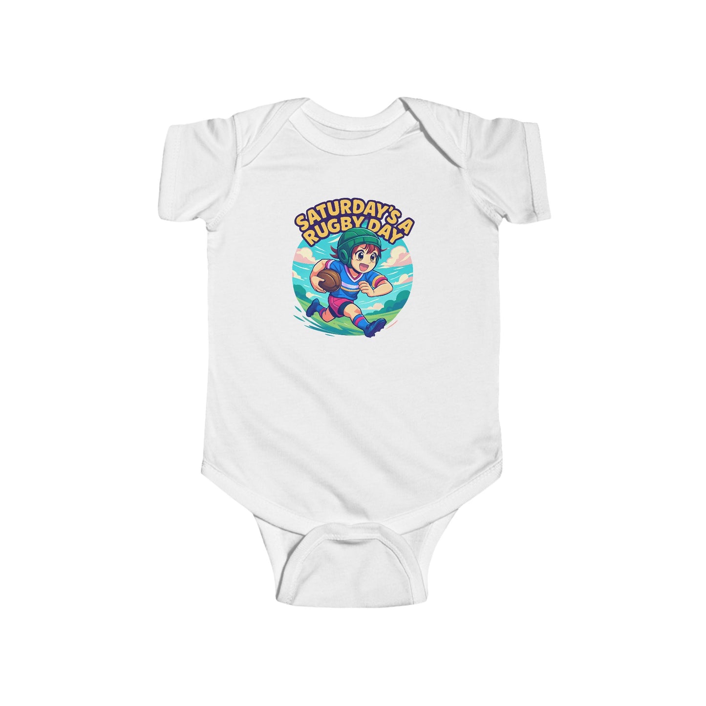 Saturday's a Rugby Day Cartoon Runner - Baby Short Sleeve Onesie