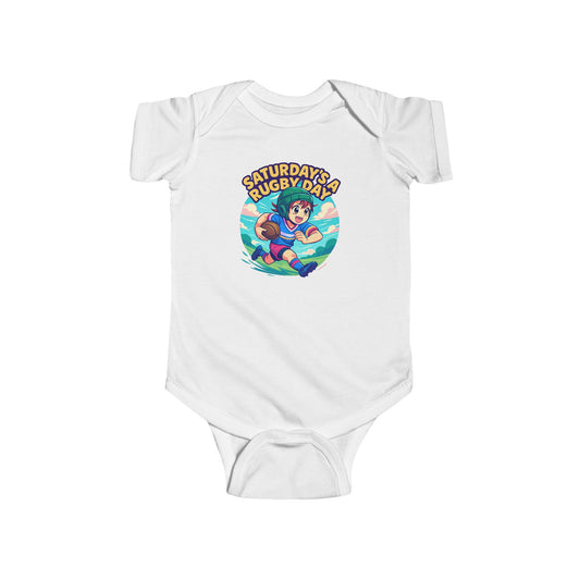 Saturday's a Rugby Day Cartoon Runner - Baby Short Sleeve Onesie