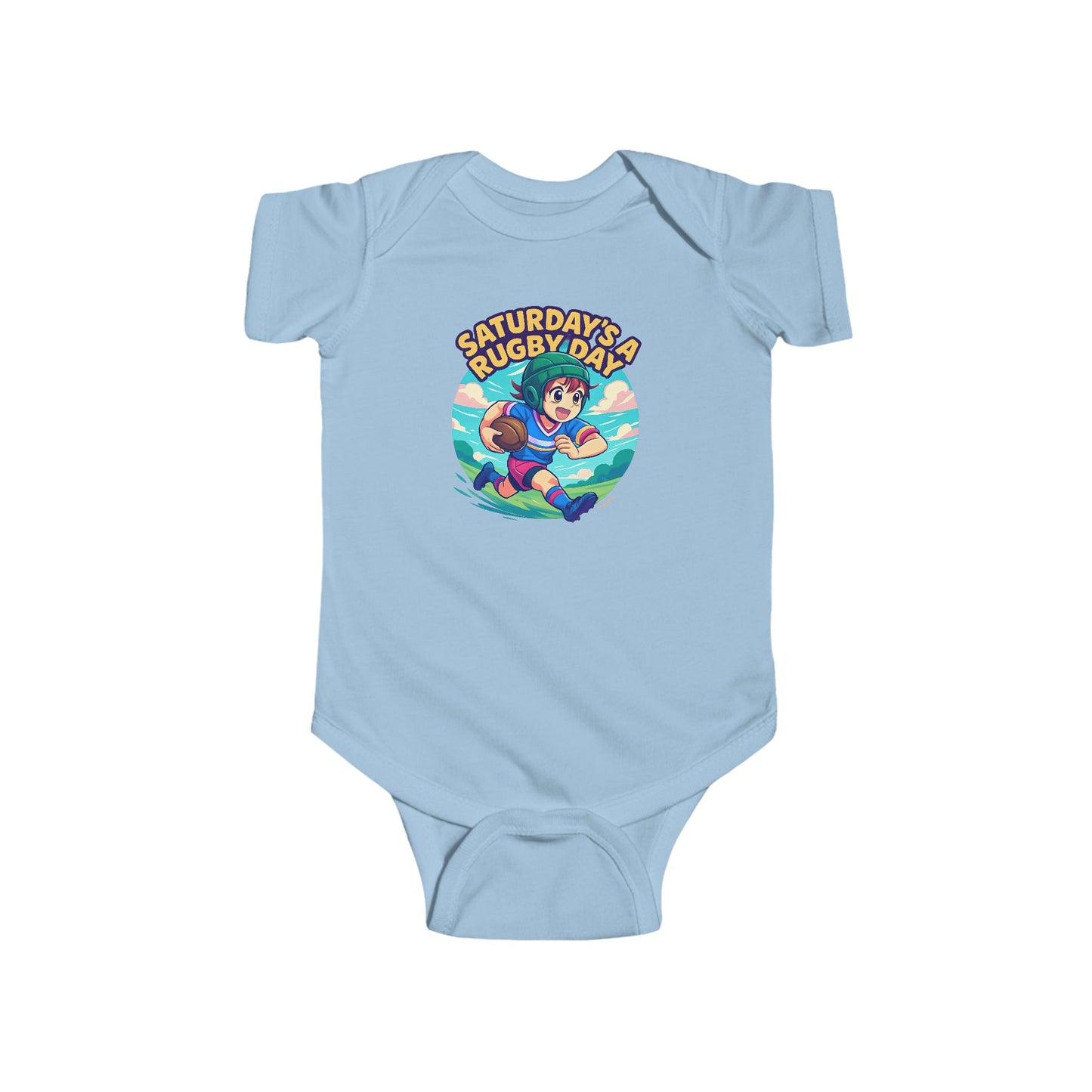 Saturday's a Rugby Day Cartoon Runner - Baby Short Sleeve Onesie