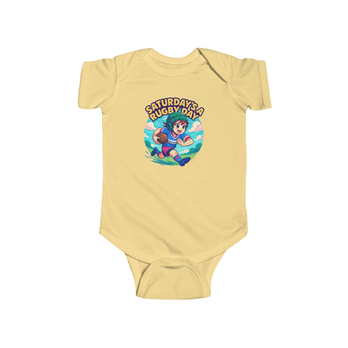 Saturday's a Rugby Day Cartoon Runner - Baby Short Sleeve Onesie