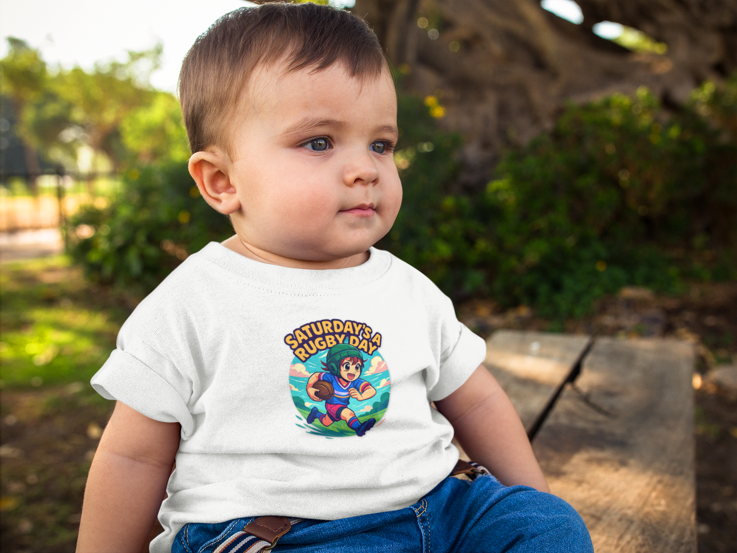 Saturday's a Rugby Day Cartoon Runner - Baby Short Sleeve Onesie