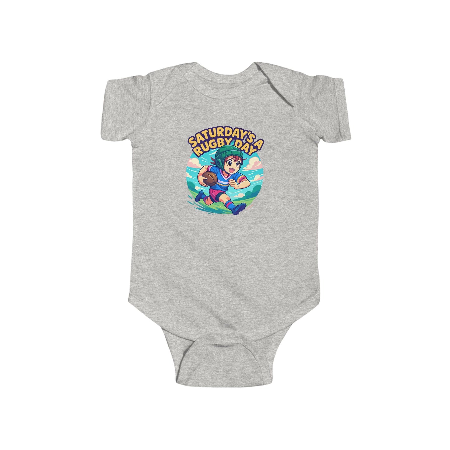 Saturday's a Rugby Day Cartoon Runner - Baby Short Sleeve Onesie